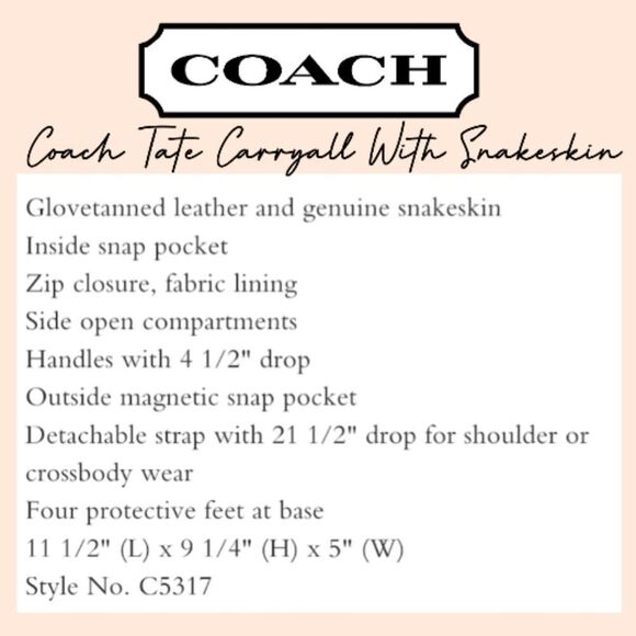 RETAIL Coach Exotic Python Tate Carryall 29 with Snakeskin - Picture 6 of 16